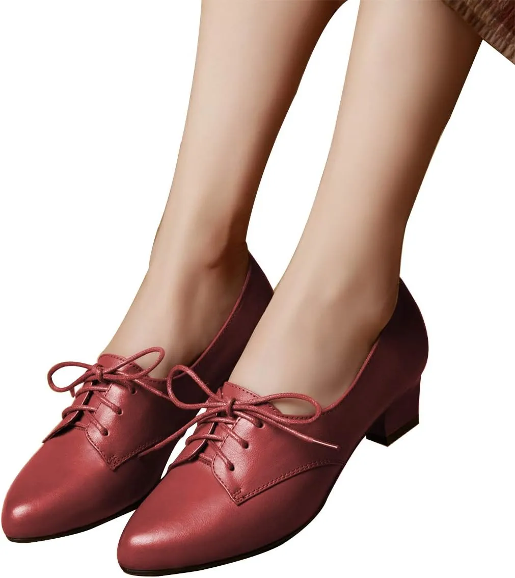 FOWT Women Comfort Lace-Up Loafers Pointed Closed Toe Chunky Block Low Heel Tie Up Slip-on Pumps Burnished Leisure Shoes for Ladies Girls Dress Jeans Party Full Size 4-15 M US