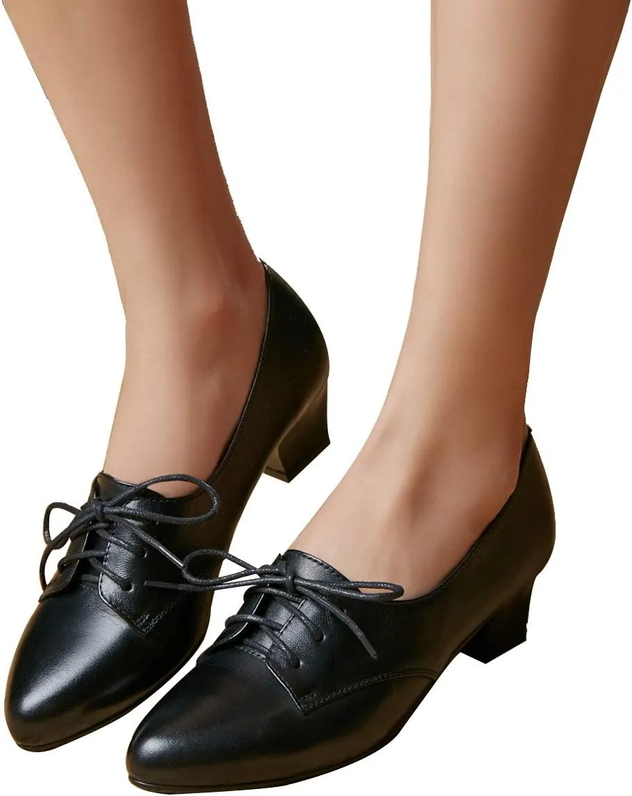 FOWT Women Comfort Lace-Up Loafers Pointed Closed Toe Chunky Block Low Heel Tie Up Slip-on Pumps Burnished Leisure Shoes for Ladies Girls Dress Jeans Party Full Size 4-15 M US