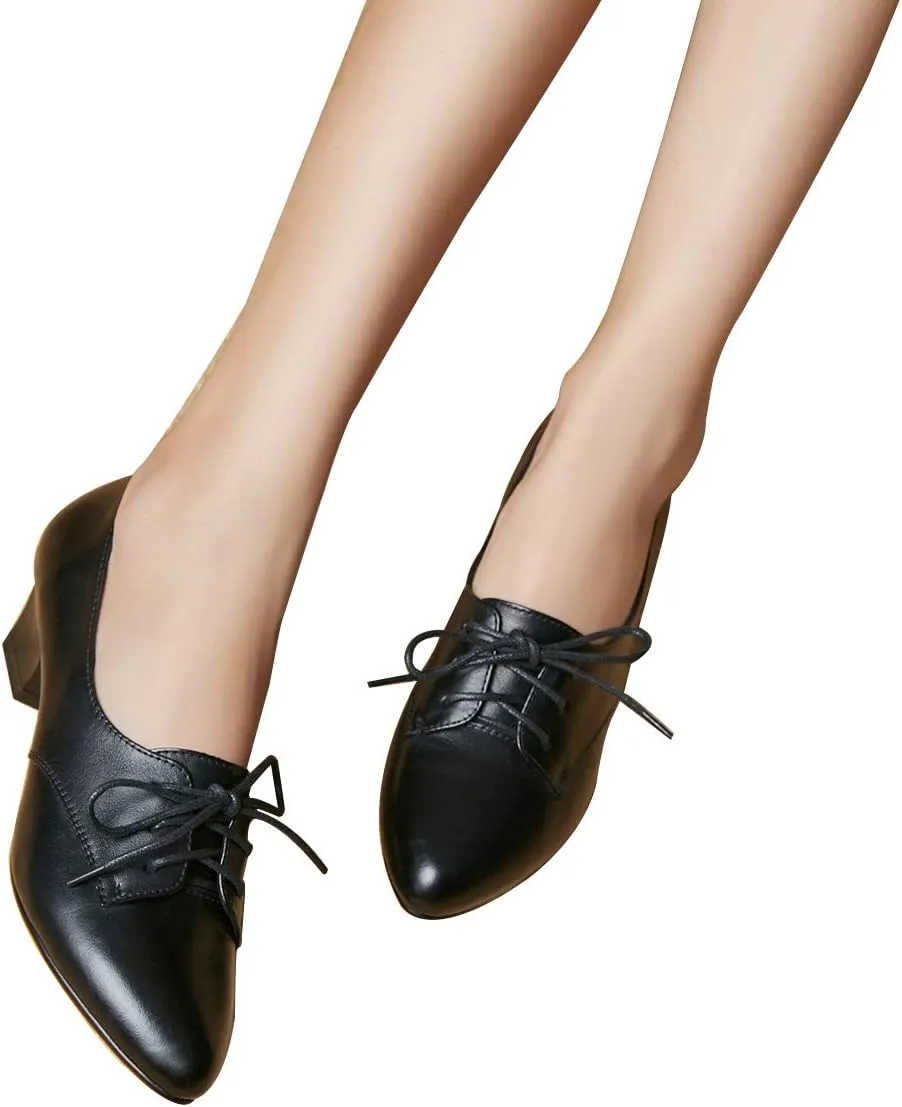 FOWT Women Comfort Lace-Up Loafers Pointed Closed Toe Chunky Block Low Heel Tie Up Slip-on Pumps Burnished Leisure Shoes for Ladies Girls Dress Jeans Party Full Size 4-15 M US