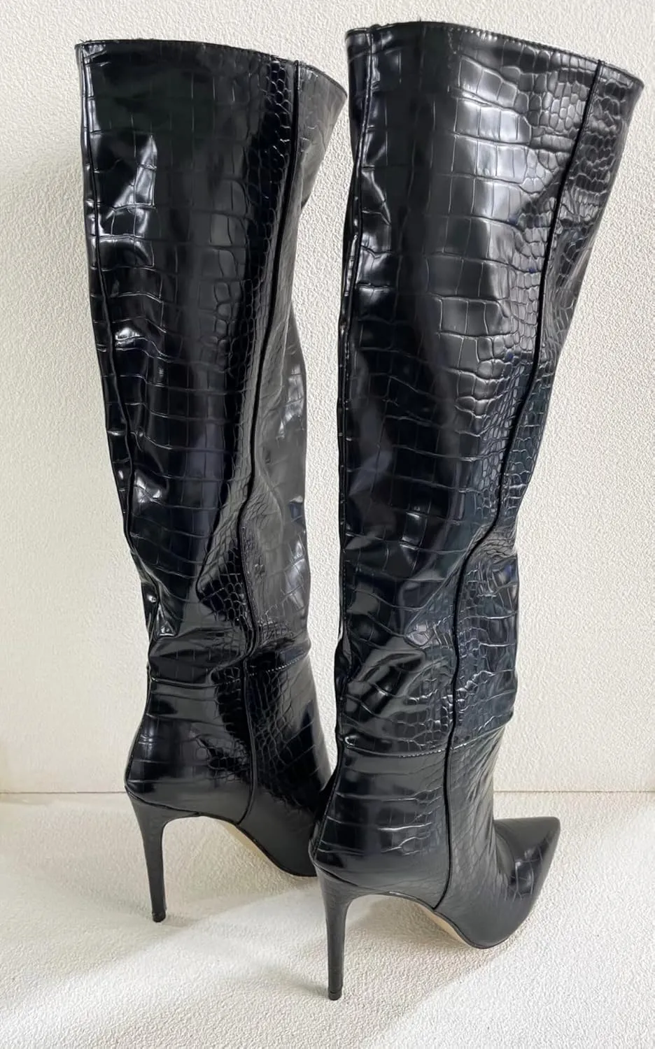 Frankie Hsu Fashion Designer Sexy Women Big Large Size Black Faux Fur Lined Crocodile Patent Leather Stiletto Knee High Heeled Calf Long Boots US4-14