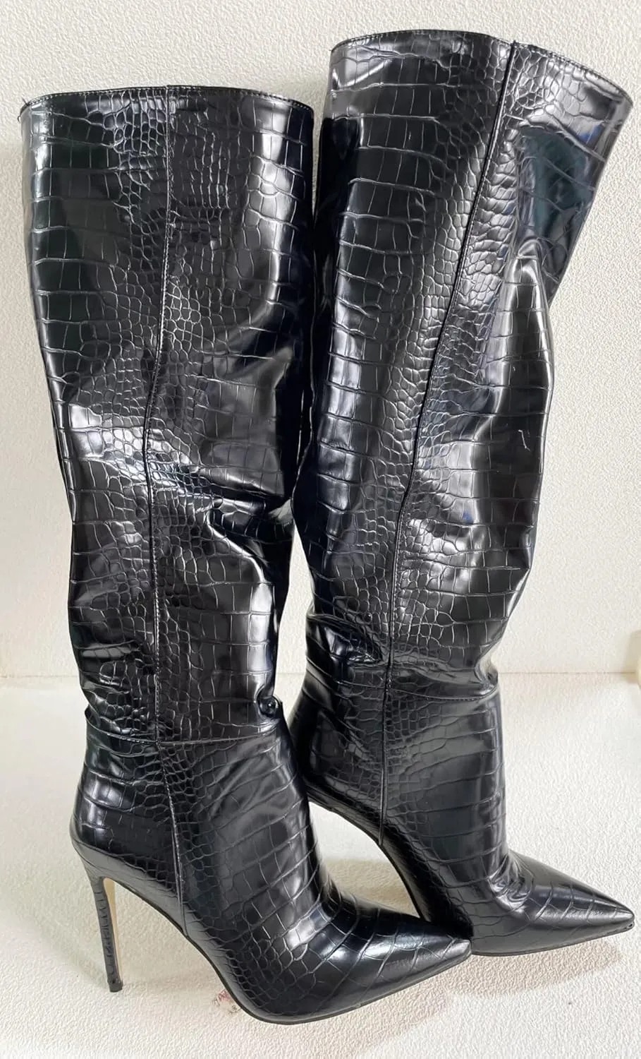 Frankie Hsu Fashion Designer Sexy Women Big Large Size Black Faux Fur Lined Crocodile Patent Leather Stiletto Knee High Heeled Calf Long Boots US4-14