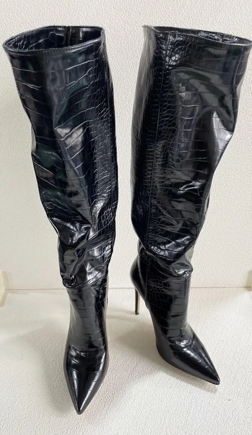 Frankie Hsu Fashion Designer Sexy Women Big Large Size Black Faux Fur Lined Crocodile Patent Leather Stiletto Knee High Heeled Calf Long Boots US4-14