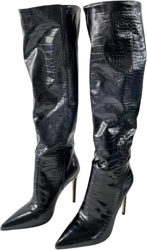 Frankie Hsu Fashion Designer Sexy Women Big Large Size Black Faux Fur Lined Crocodile Patent Leather Stiletto Knee High Heeled Calf Long Boots US4-14