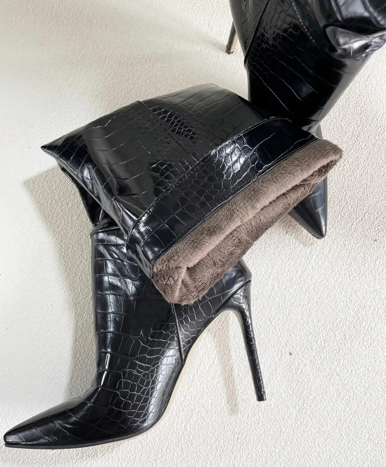 Frankie Hsu Fashion Designer Sexy Women Big Large Size Black Faux Fur Lined Crocodile Patent Leather Stiletto Knee High Heeled Calf Long Boots US4-14