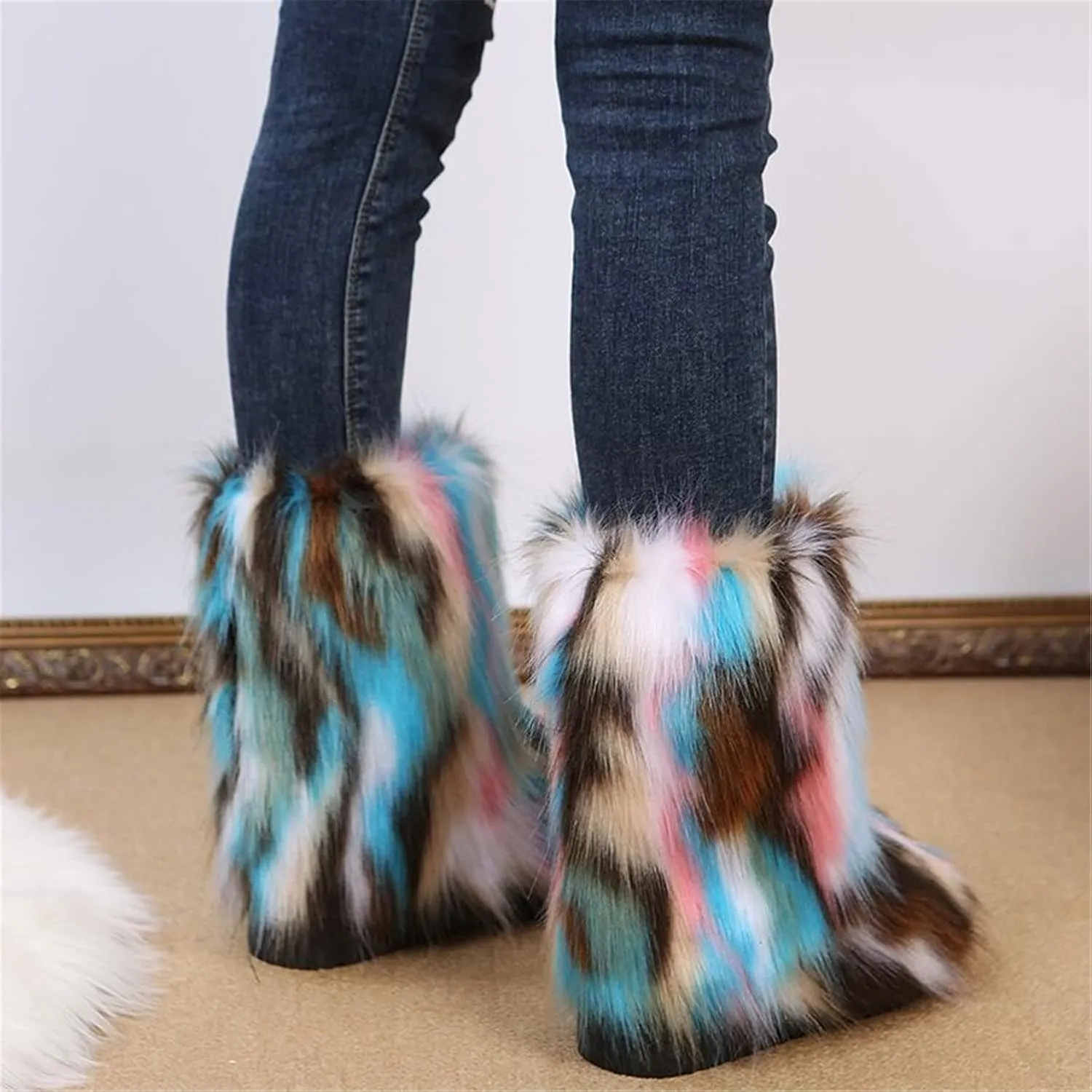 FUNCOS Women's Faux Fur Boots Mid-Calf Fuzzy Fluffy Winter Boots Rave Carnival Costume