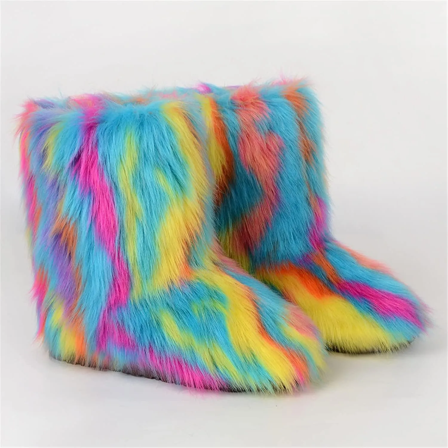 FUNCOS Women's Faux Fur Boots Mid-Calf Winter Furry Fuzzy Rave Boots Cosplay Costume