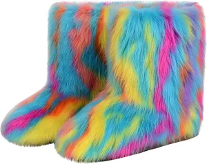 FUNCOS Women's Faux Fur Boots Mid-Calf Winter Furry Fuzzy Rave Boots Cosplay Costume