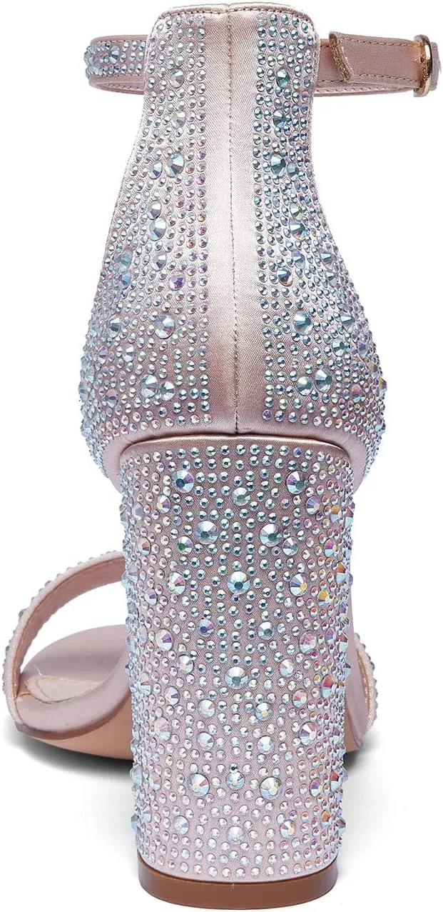 GENSHUO Women's 4-inch Chunky High Heel Sandals with Ankle Strap,Party Wedding Bridal Shoes