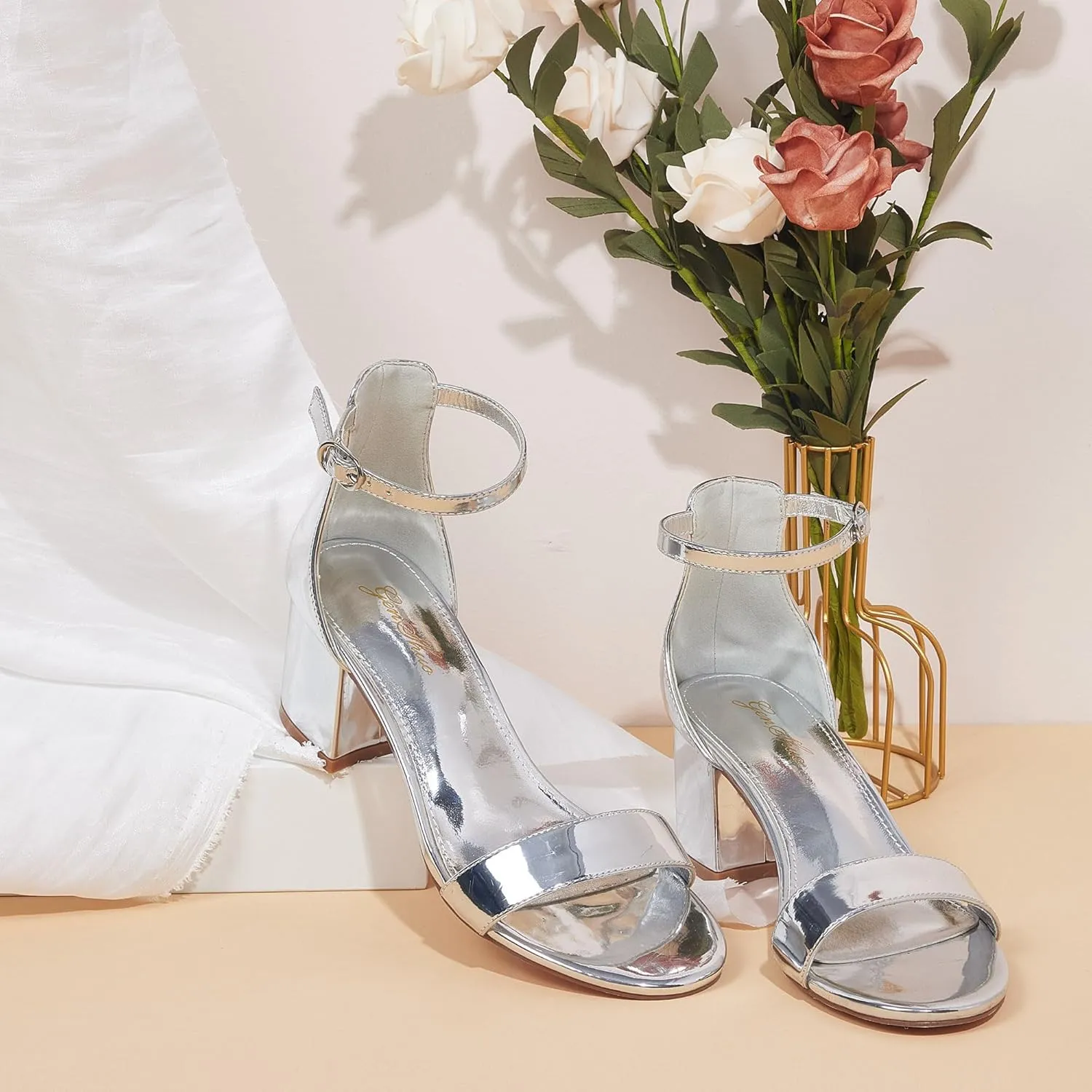GENSHUO Women's Low Kitten Heel Sandals Strappy Open Square Toe Dress Heels Comfortable Sexy Cute Ankle Strap Wedding Party Prom Summer Heeled Shoes