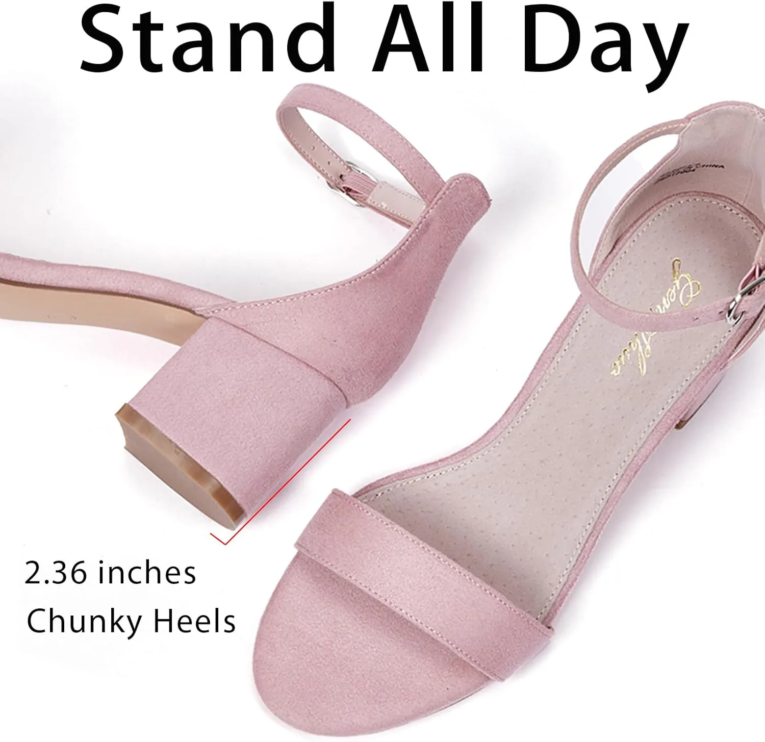 GENSHUO Women's Low Kitten Heel Sandals Strappy Open Square Toe Dress Heels Comfortable Sexy Cute Ankle Strap Wedding Party Prom Summer Heeled Shoes