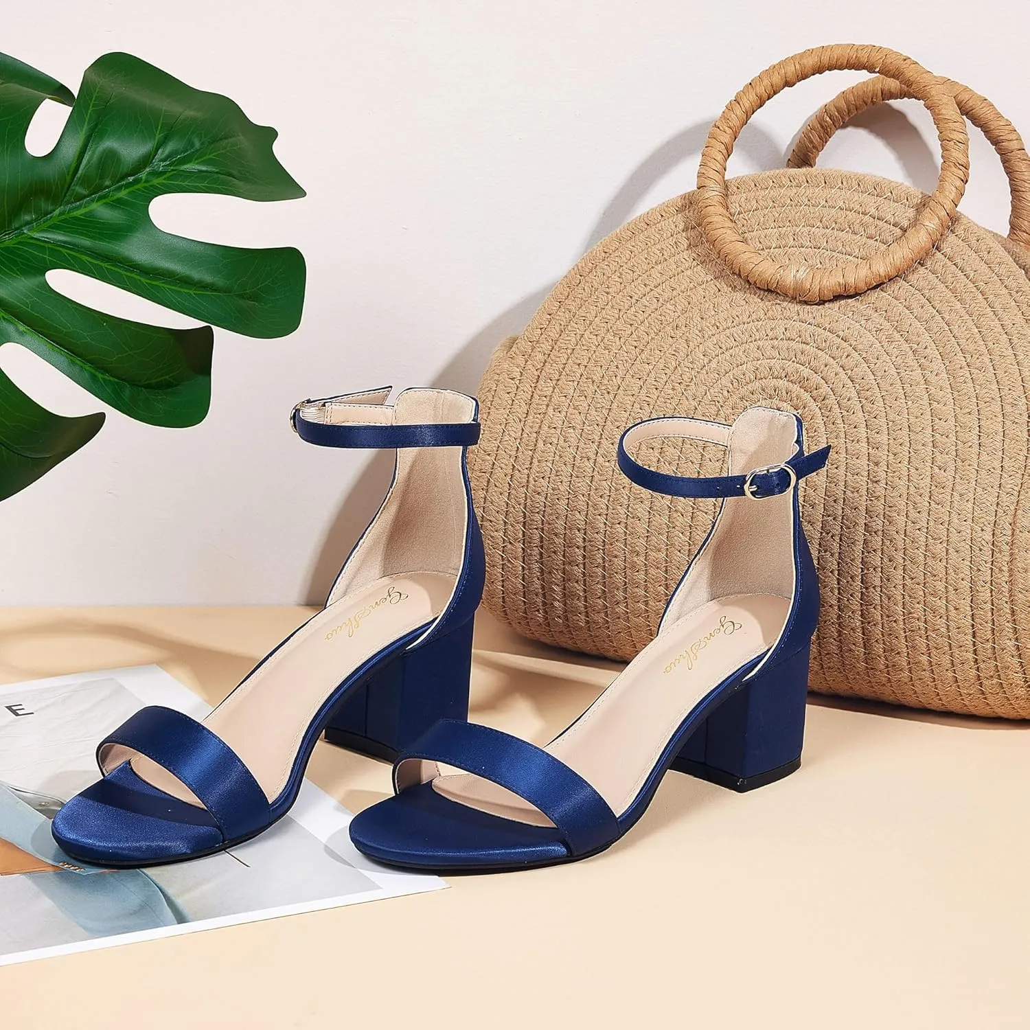 GENSHUO Women's Low Kitten Heel Sandals Strappy Open Square Toe Dress Heels Comfortable Sexy Cute Ankle Strap Wedding Party Prom Summer Heeled Shoes