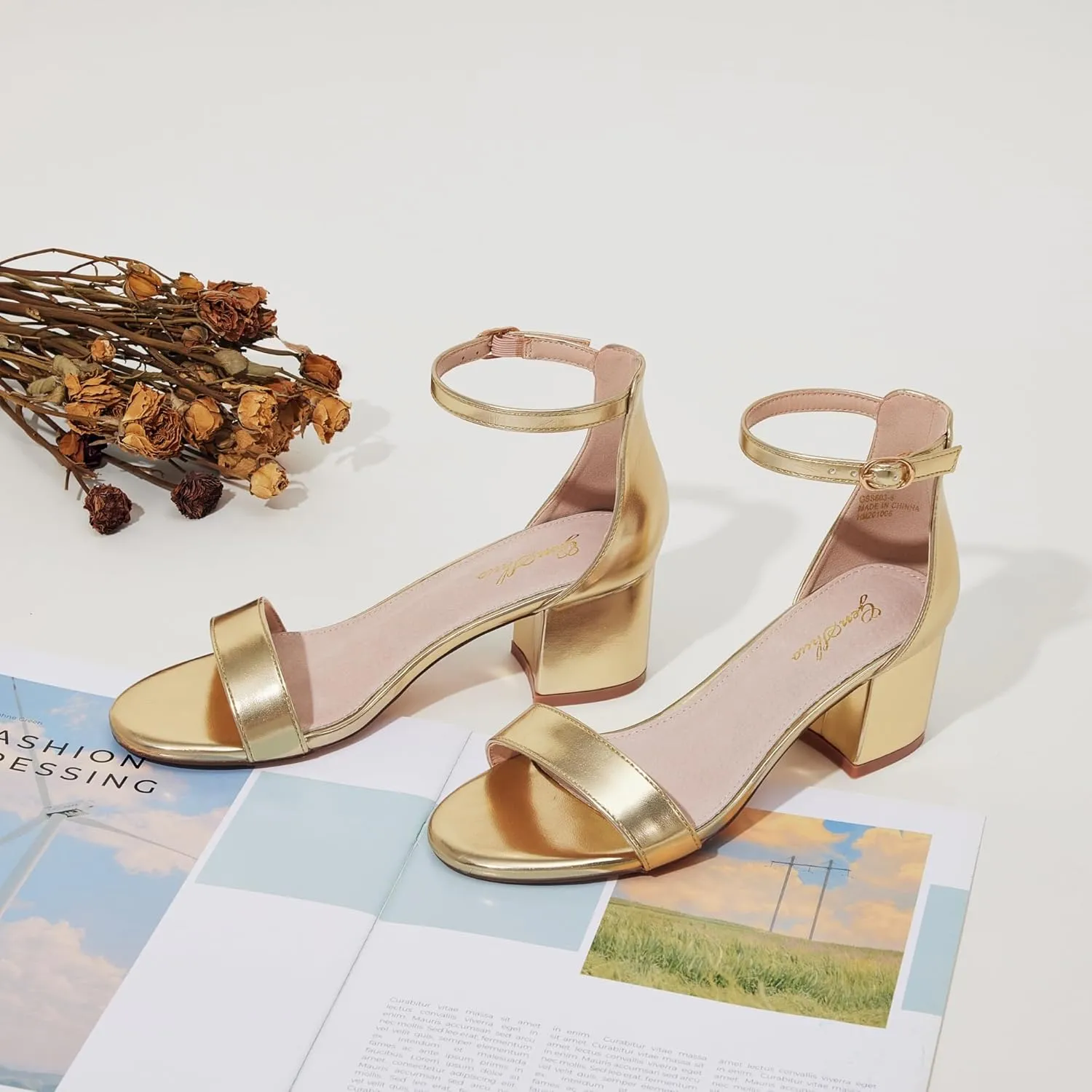 GENSHUO Women's Low Kitten Heel Sandals Strappy Open Square Toe Dress Heels Comfortable Sexy Cute Ankle Strap Wedding Party Prom Summer Heeled Shoes