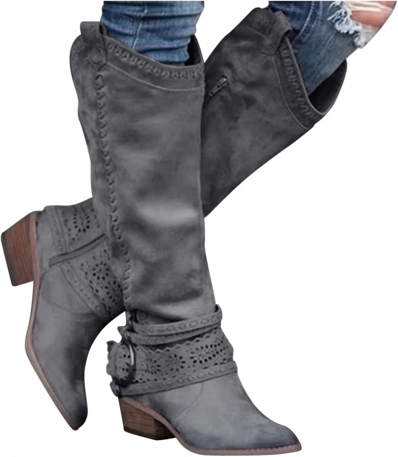 Gibobby Ankle Boots for Women Mid Knee High Boots Chunky Heel Wide Calf Side Zip Fashion Winter Cowboy Booties