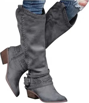 Gibobby Ankle Boots for Women Mid Knee High Boots Chunky Heel Wide Calf Side Zip Fashion Winter Cowboy Booties