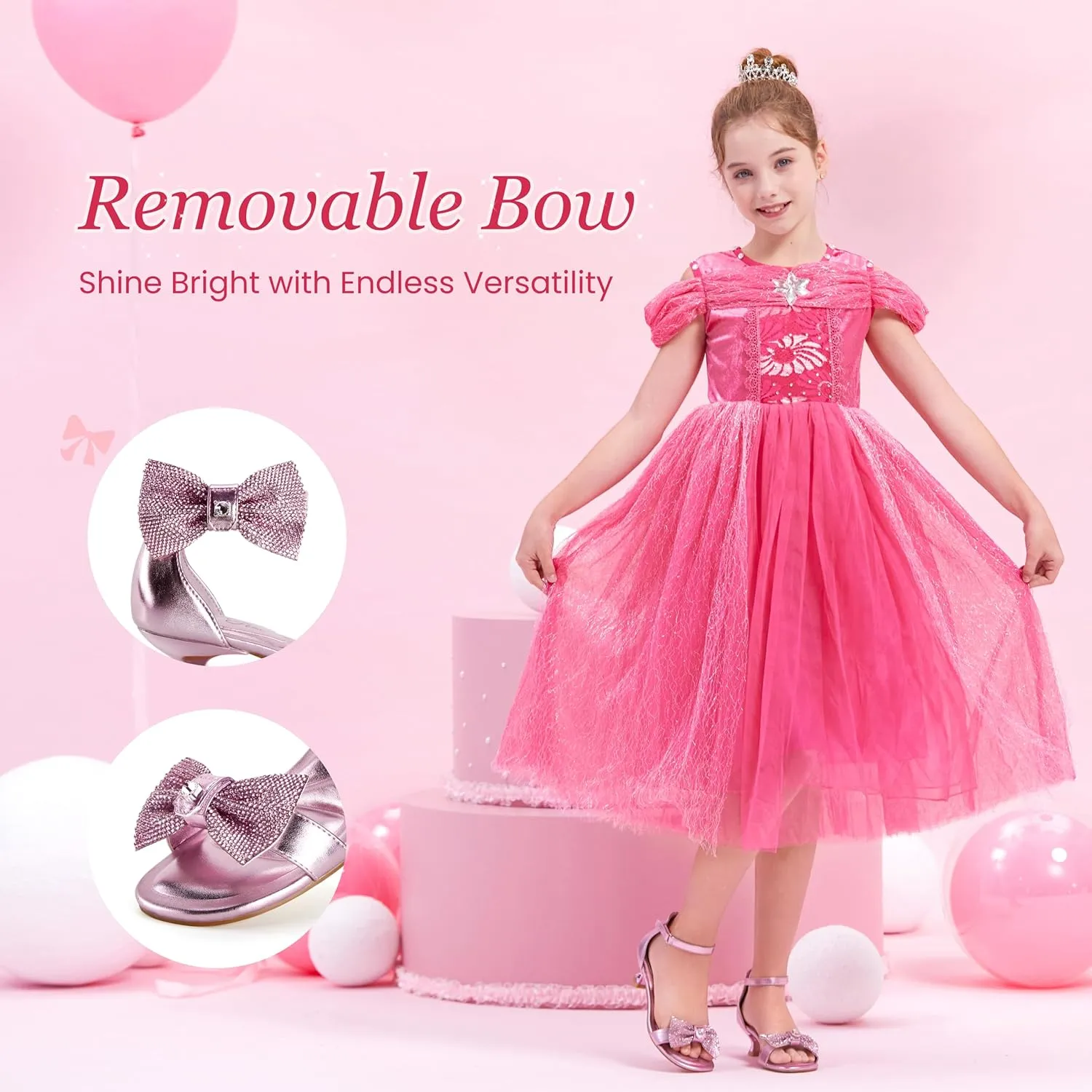 Girls Dress Shoes Sandal Heels Flower Girl Shoes with Removable Bow for Wedding Princess Party Little Big Kids White Silver Gold Pink Open-Toe Ankle Strap Dress Pumps Lightweight Comfortable Fashion