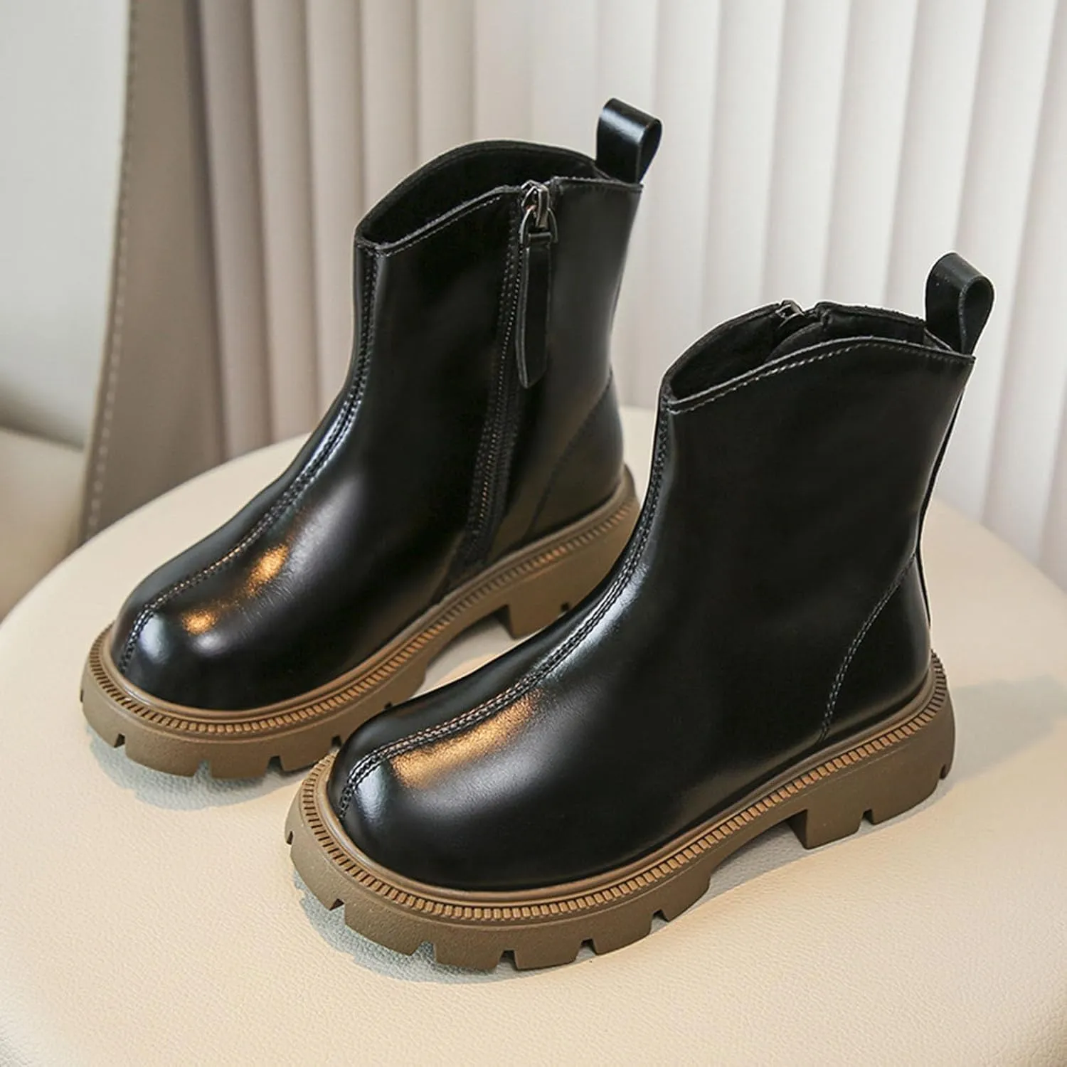 Girls Kids Side Zipper Leather Booties Sole Non Slip Soft Boots Toddler Outdoor 𝐖aterproof Shoes 𝗟ow Heel Light Comfy