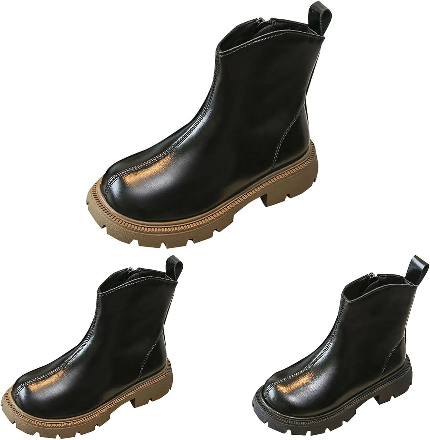 Girls Kids Side Zipper Leather Booties Sole Non Slip Soft Boots Toddler Outdoor 𝐖aterproof Shoes 𝗟ow Heel Light Comfy