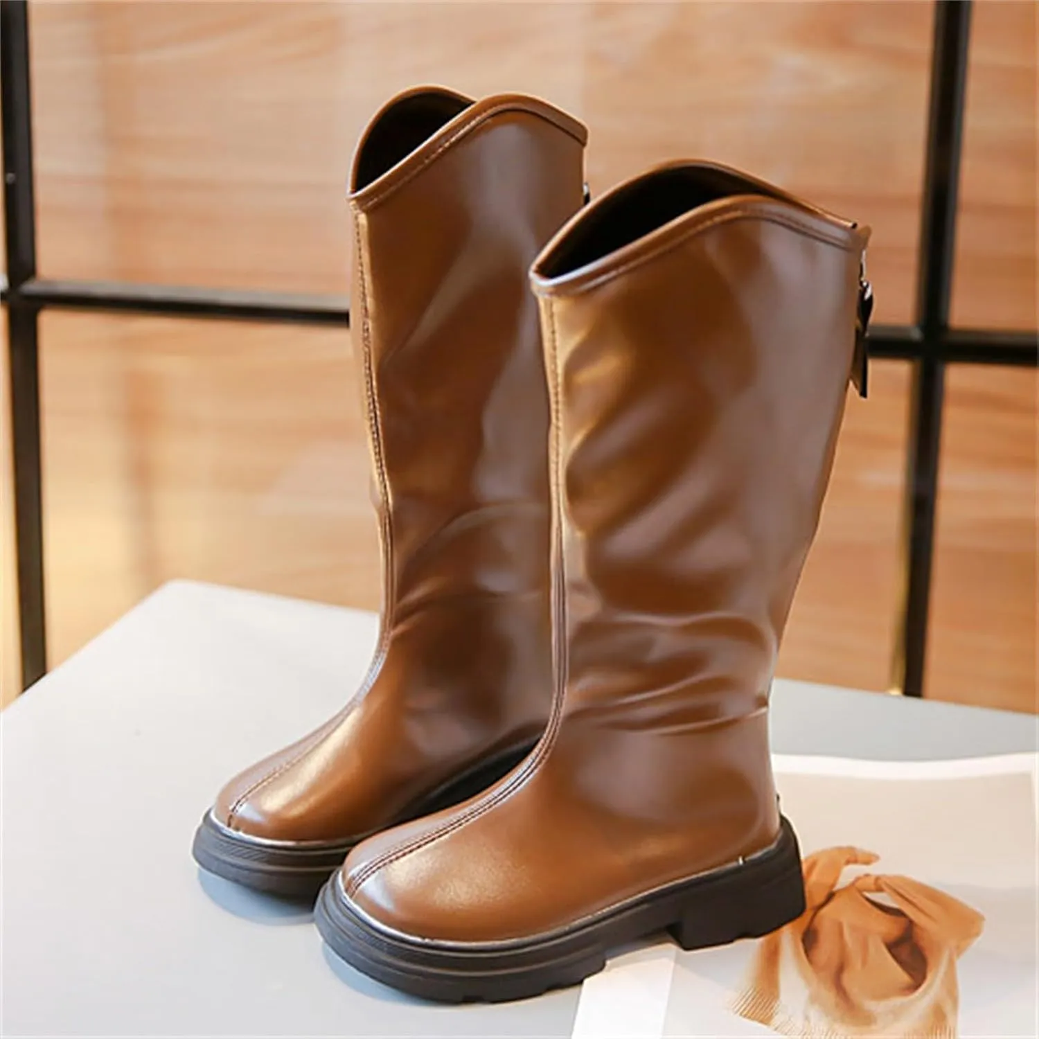 Girls Leather 𝐖aterproof Long Boots Kids 𝗟ow Heel Fron Zipper Shoes Childrens Outdoor Dress Dance Soft Shoes Comfy