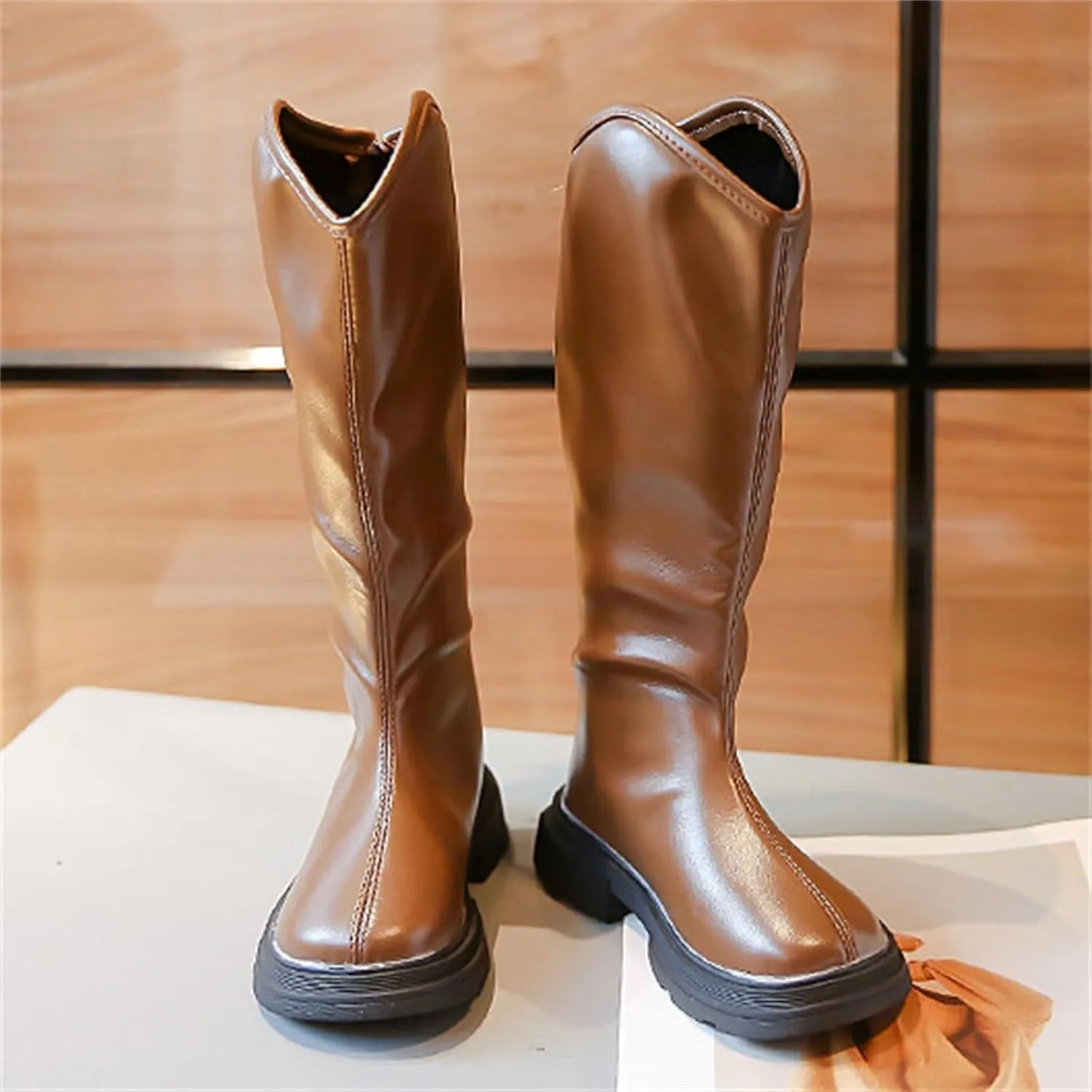 Girls Leather 𝐖aterproof Long Boots Kids 𝗟ow Heel Fron Zipper Shoes Childrens Outdoor Dress Dance Soft Shoes Comfy