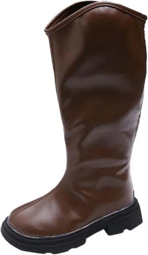 Girls Leather 𝐖aterproof Long Boots Kids 𝗟ow Heel Fron Zipper Shoes Childrens Outdoor Dress Dance Soft Shoes Comfy
