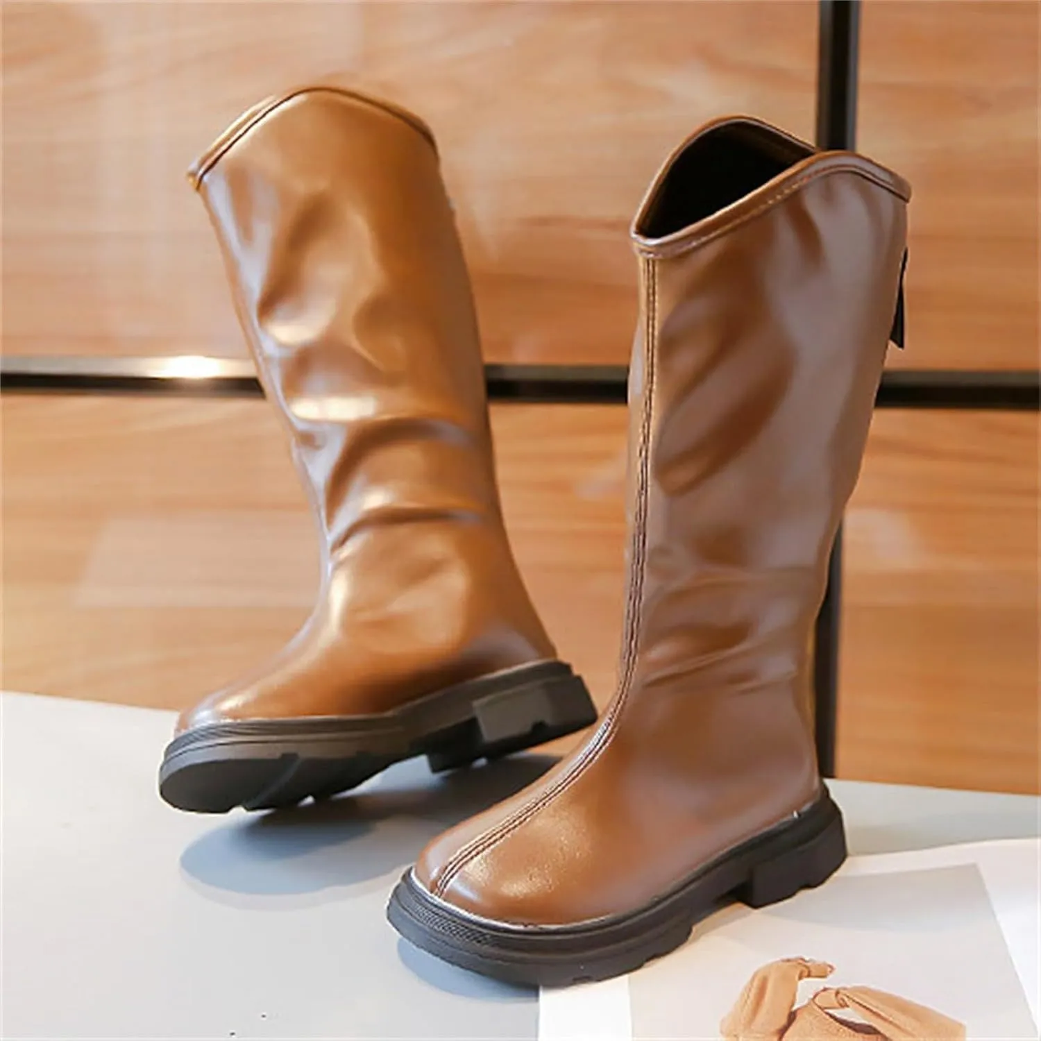 Girls Leather 𝐖aterproof Long Boots Kids 𝗟ow Heel Fron Zipper Shoes Childrens Outdoor Dress Dance Soft Shoes Comfy