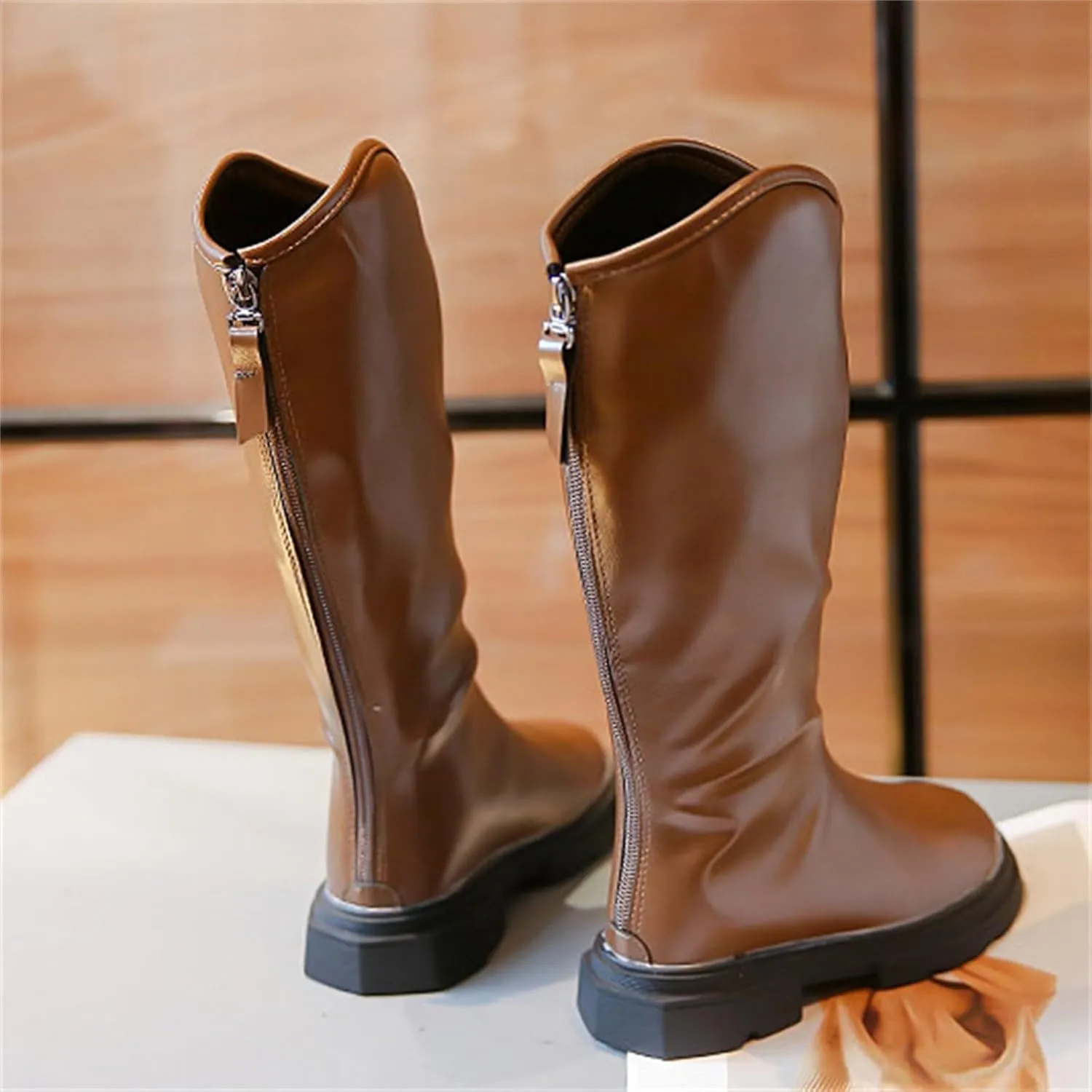Girls Leather 𝐖aterproof Long Boots Kids 𝗟ow Heel Fron Zipper Shoes Childrens Outdoor Dress Dance Soft Shoes Comfy