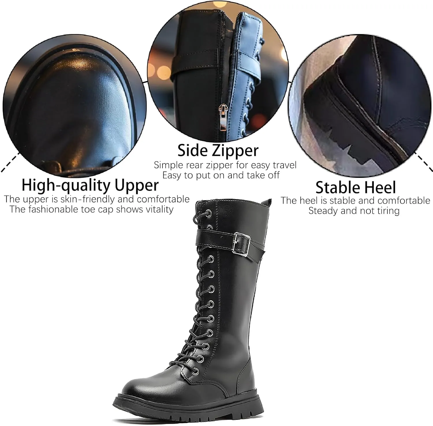 Girls Leather Lace Up Knee High Boots with Side Zipper Fashion Comfortable Round Toe Low Heel Combat Riding Boots Winter Fur Lined Tall Boots Little Kid/Big Kid