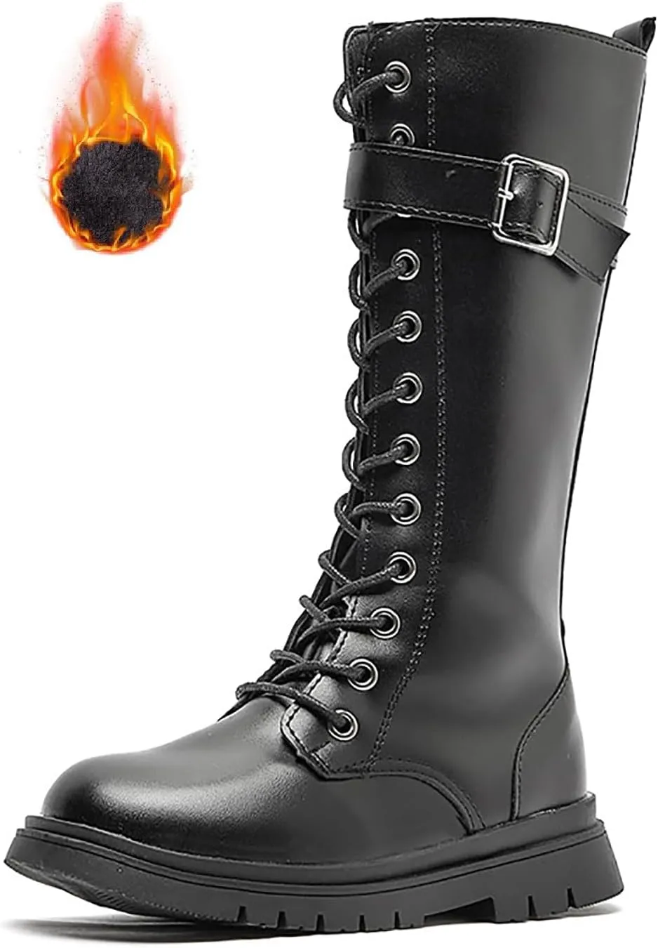 Girls Leather Lace Up Knee High Boots with Side Zipper Fashion Comfortable Round Toe Low Heel Combat Riding Boots Winter Fur Lined Tall Boots Little Kid/Big Kid
