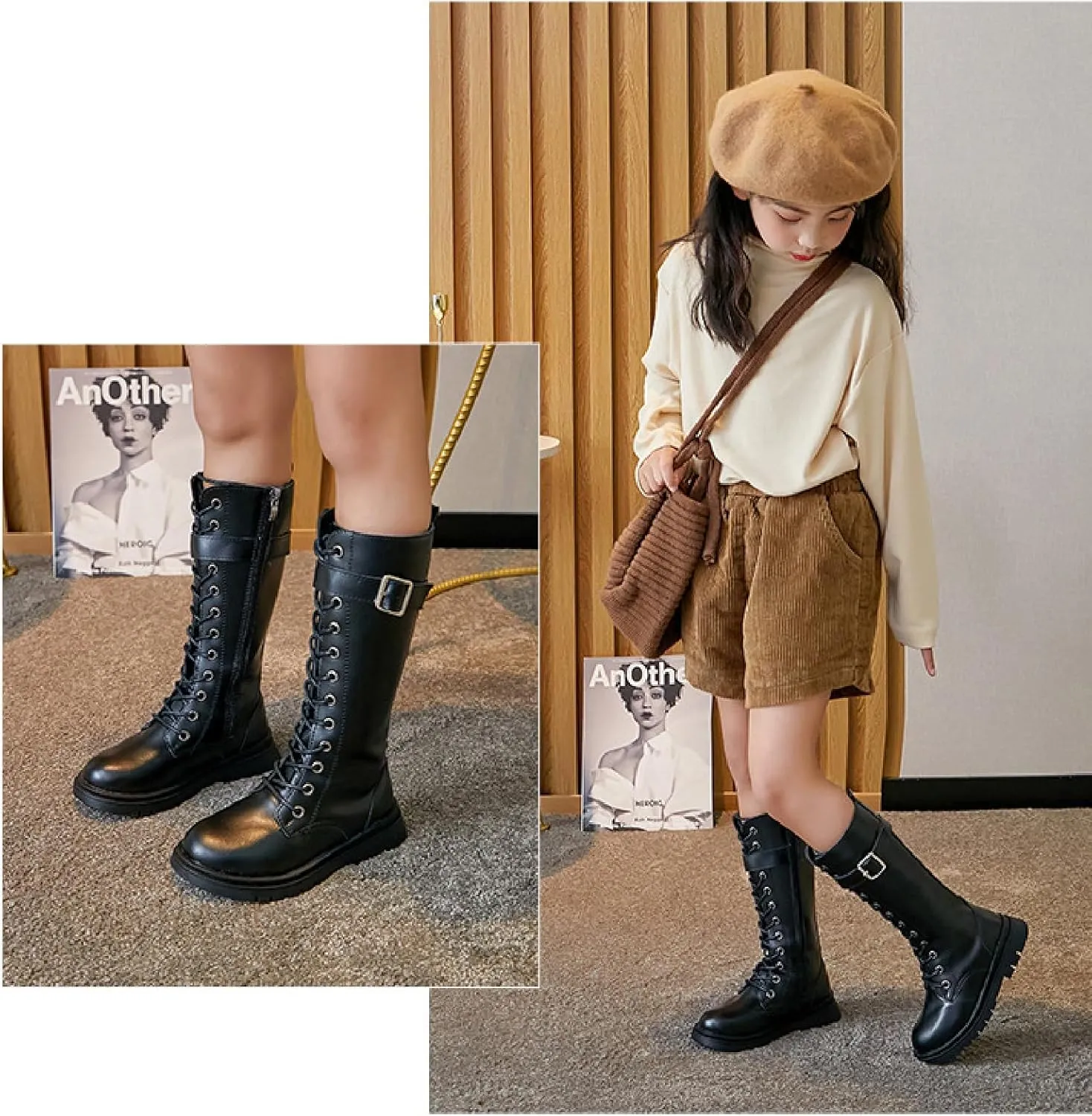 Girls Leather Lace Up Knee High Boots with Side Zipper Fashion Comfortable Round Toe Low Heel Combat Riding Boots Winter Fur Lined Tall Boots Little Kid/Big Kid