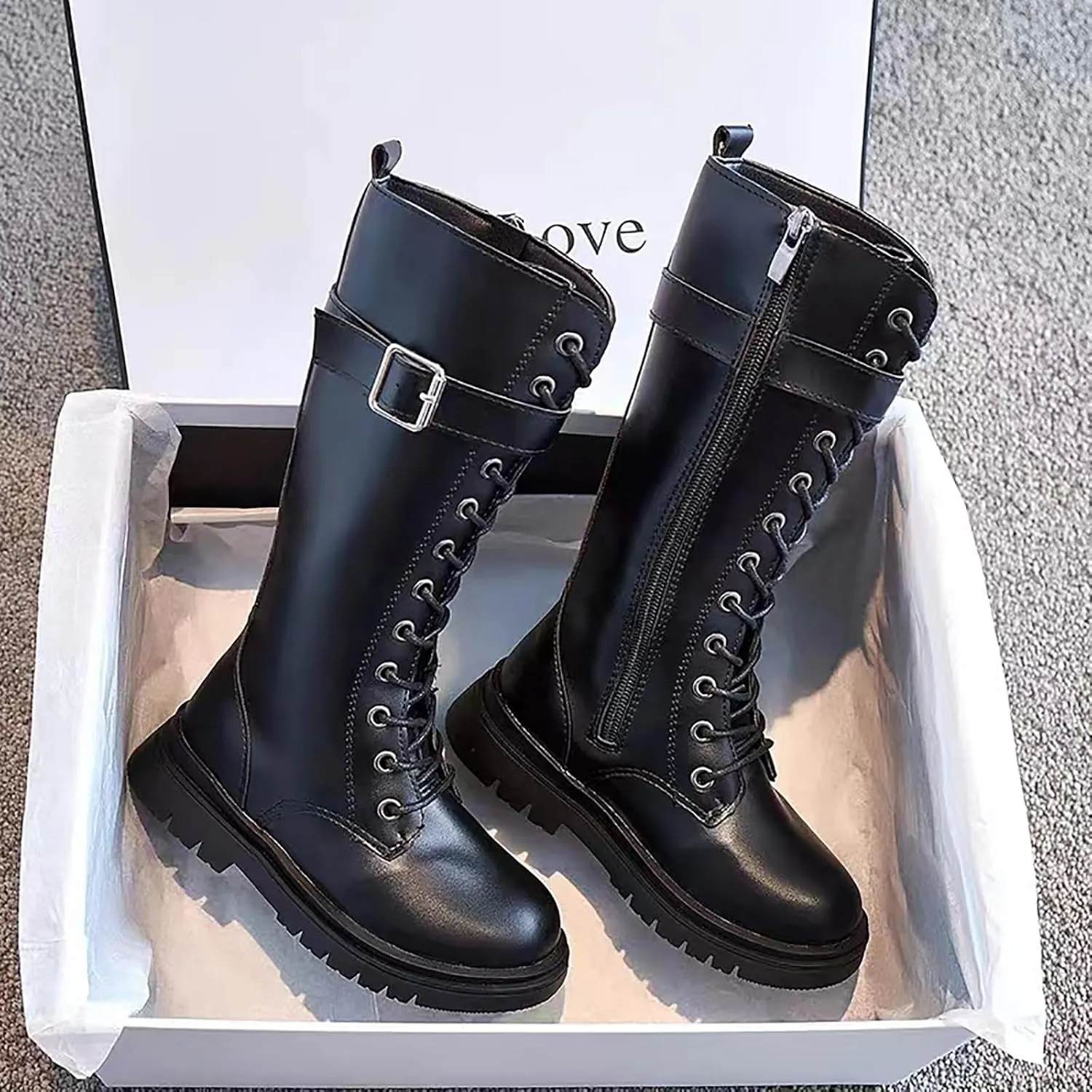 Girls Leather Lace Up Knee High Boots with Side Zipper Fashion Comfortable Round Toe Low Heel Combat Riding Boots Winter Fur Lined Tall Boots Little Kid/Big Kid
