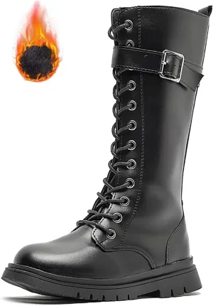 Girls Leather Lace Up Knee High Boots with Side Zipper Fashion Comfortable Round Toe Low Heel Combat Riding Boots Winter Fur Lined Tall Boots Little Kid/Big Kid