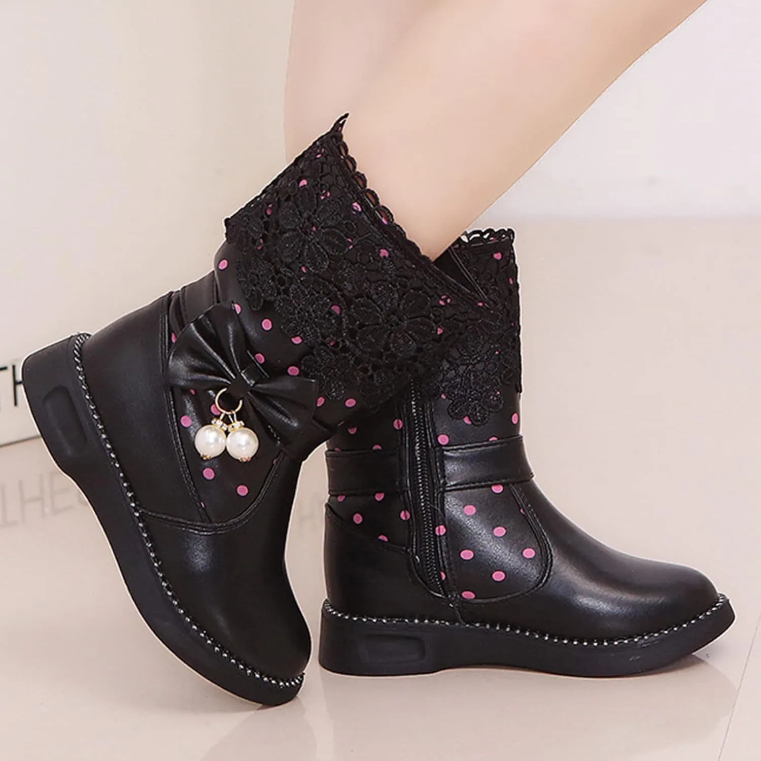 Girl's Mid Calf Boots W𝐚terproof Lace Bowknot Side Zipper F𝐮r Lined Side Zipper Fall Winter Low Heel Chunky Boots