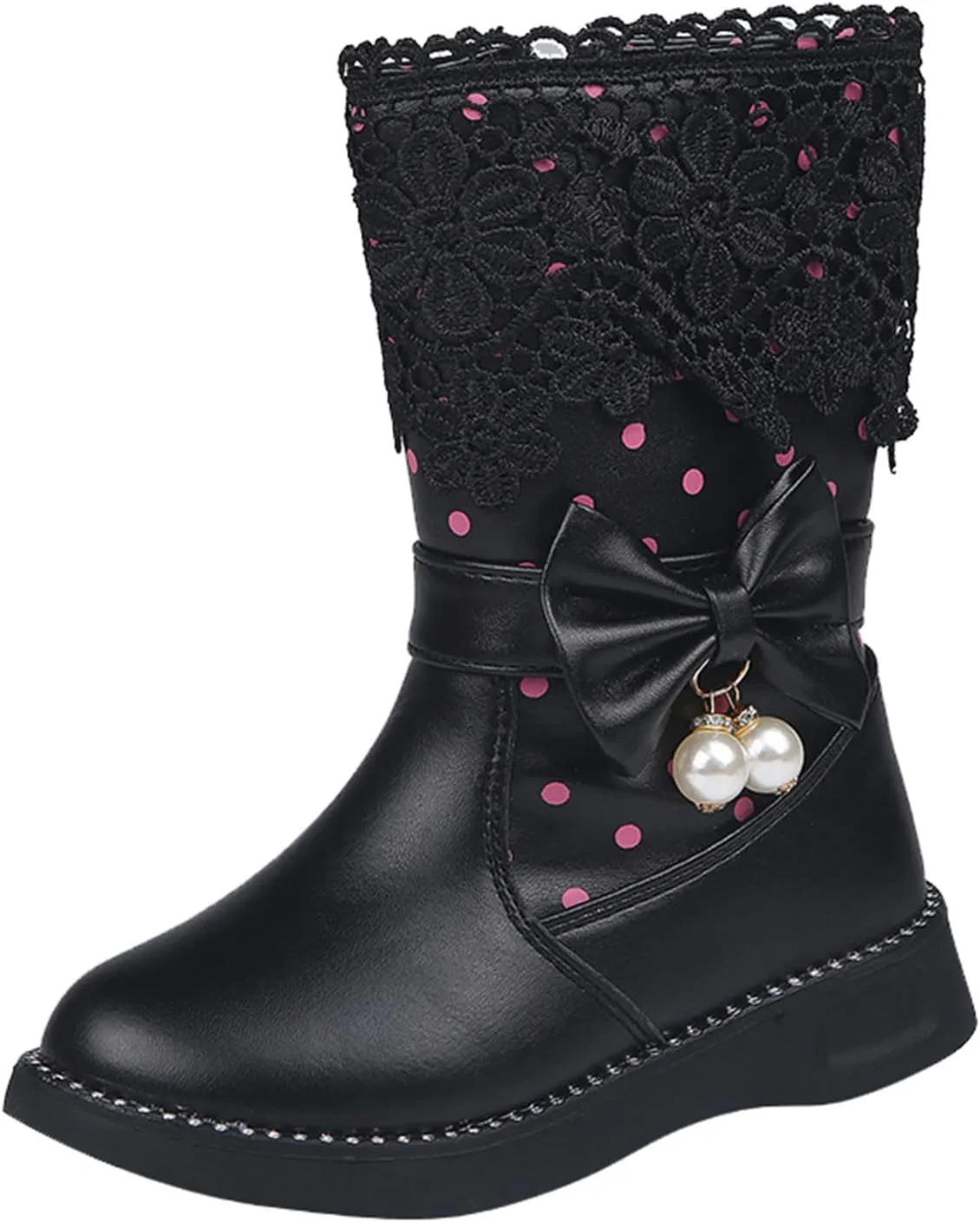 Girl's Mid Calf Boots W𝐚terproof Lace Bowknot Side Zipper F𝐮r Lined Side Zipper Fall Winter Low Heel Chunky Boots