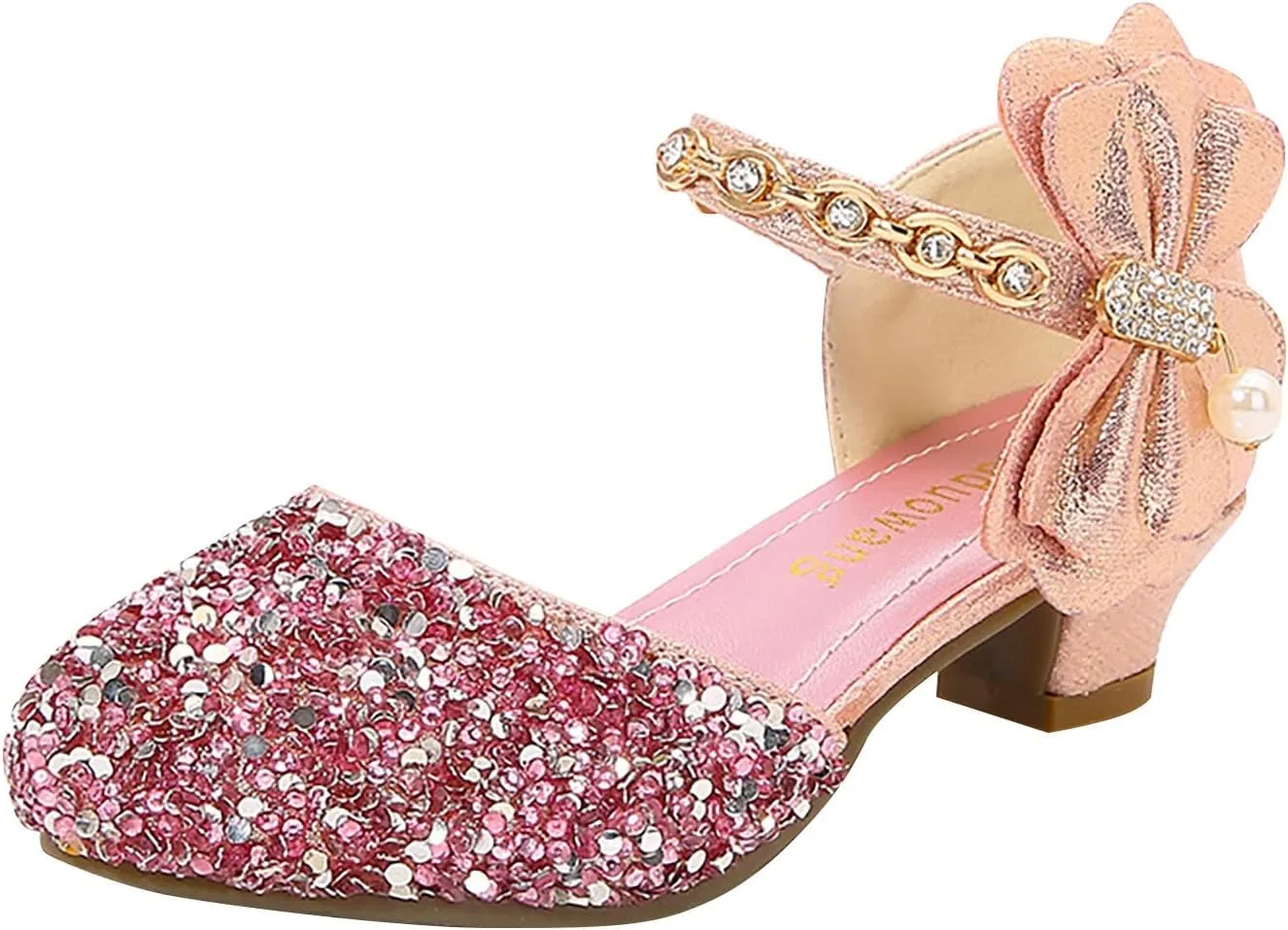 Girls Rhinestone Low Heeled Dress Shoes Glitter Sequins Party Dance Shoes Princess Closed Toe Birthday Sandals