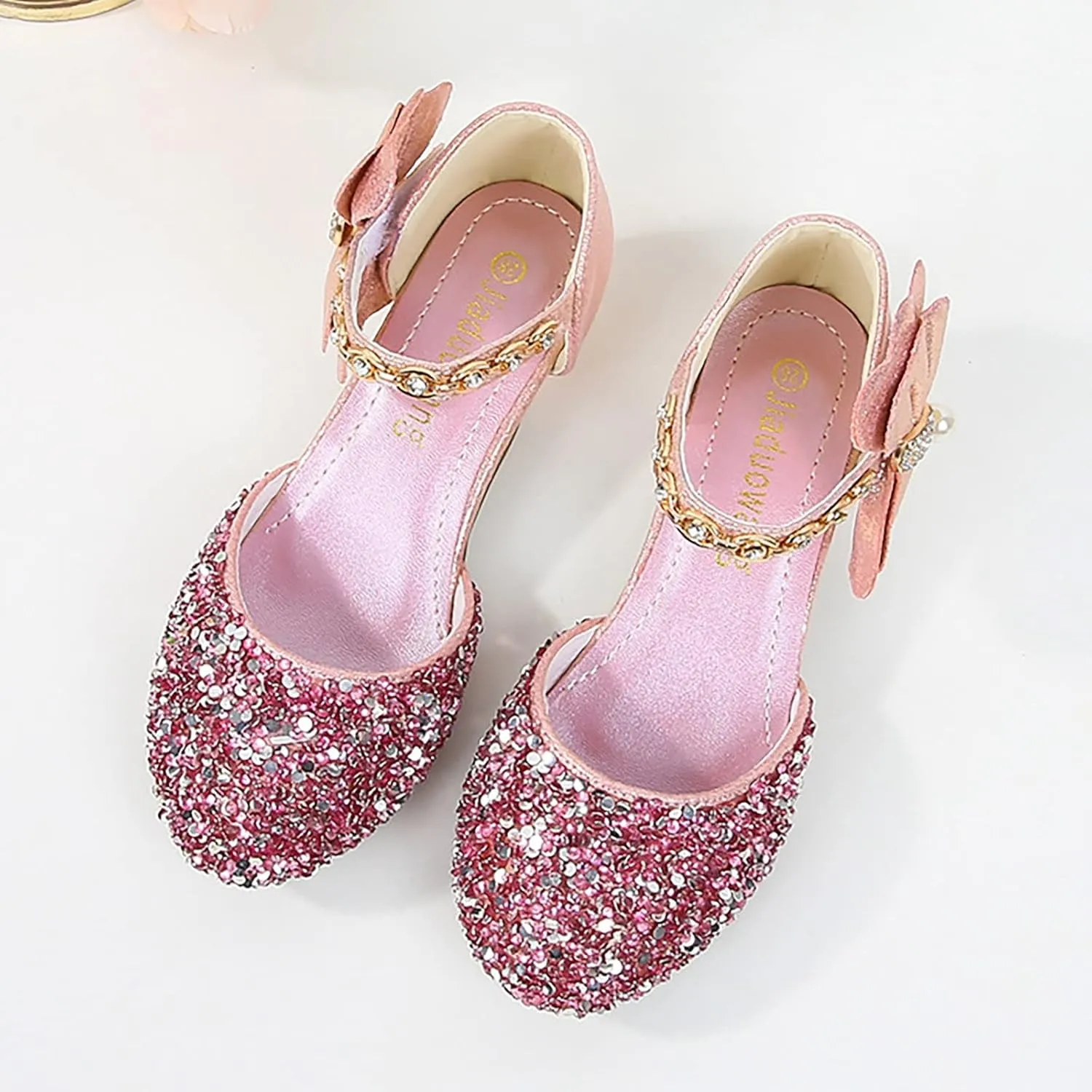 Girls Rhinestone Low Heeled Dress Shoes Glitter Sequins Party Dance Shoes Princess Closed Toe Birthday Sandals