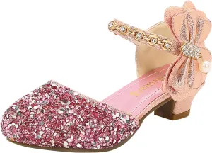 Girls Rhinestone Low Heeled Dress Shoes Glitter Sequins Party Dance Shoes Princess Closed Toe Birthday Sandals