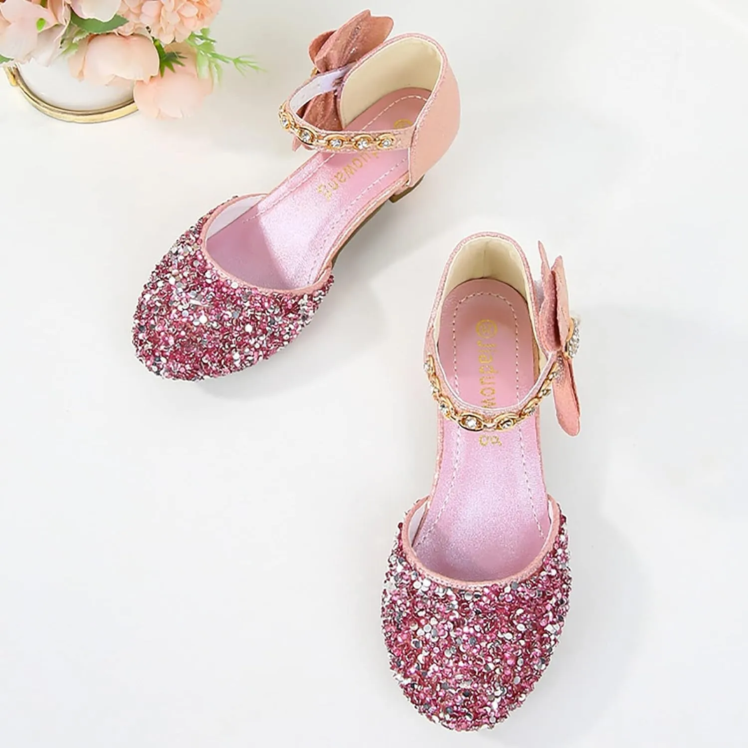 Girls Rhinestone Low Heeled Dress Shoes Glitter Sequins Party Dance Shoes Princess Closed Toe Birthday Sandals