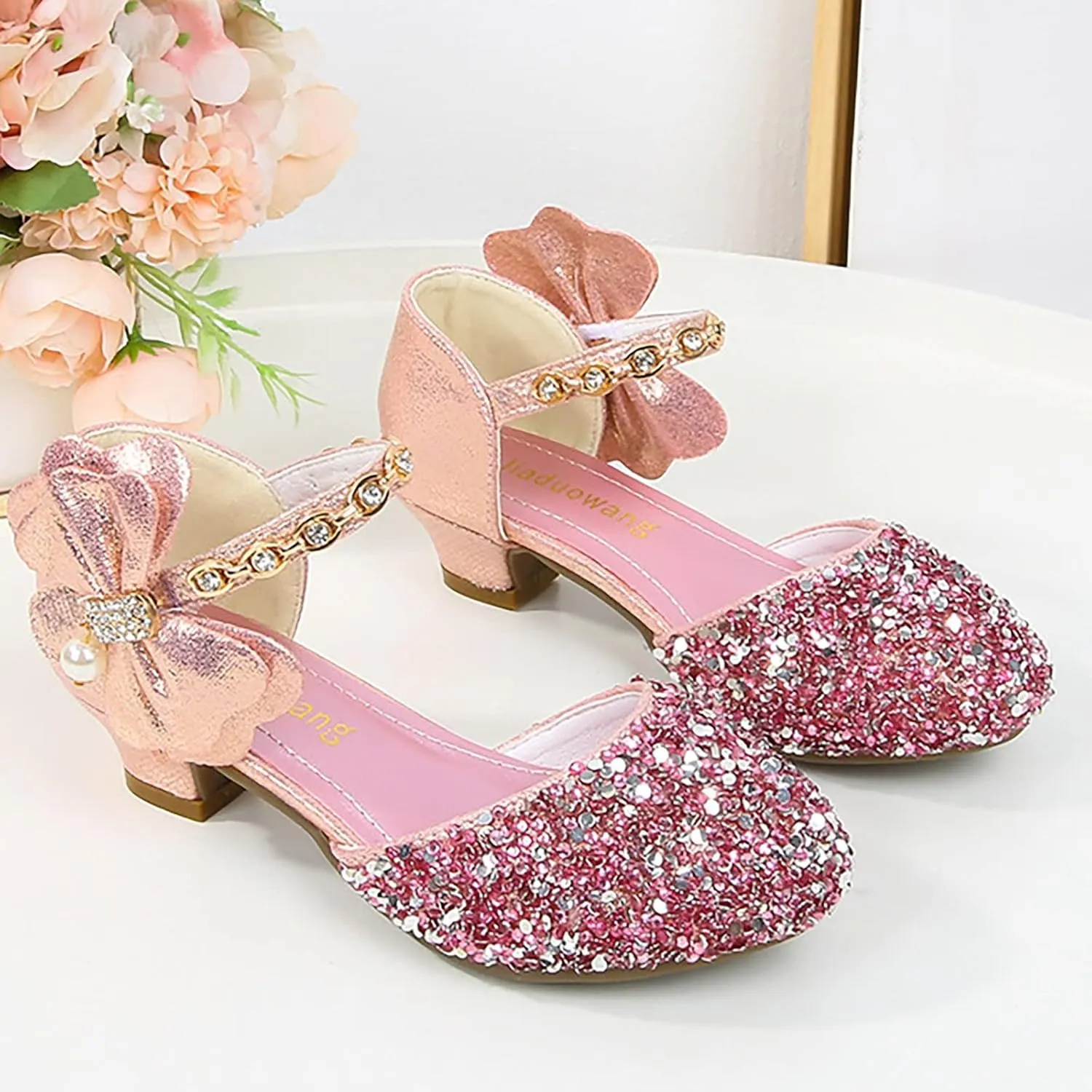 Girls Rhinestone Low Heeled Dress Shoes Glitter Sequins Party Dance Shoes Princess Closed Toe Birthday Sandals