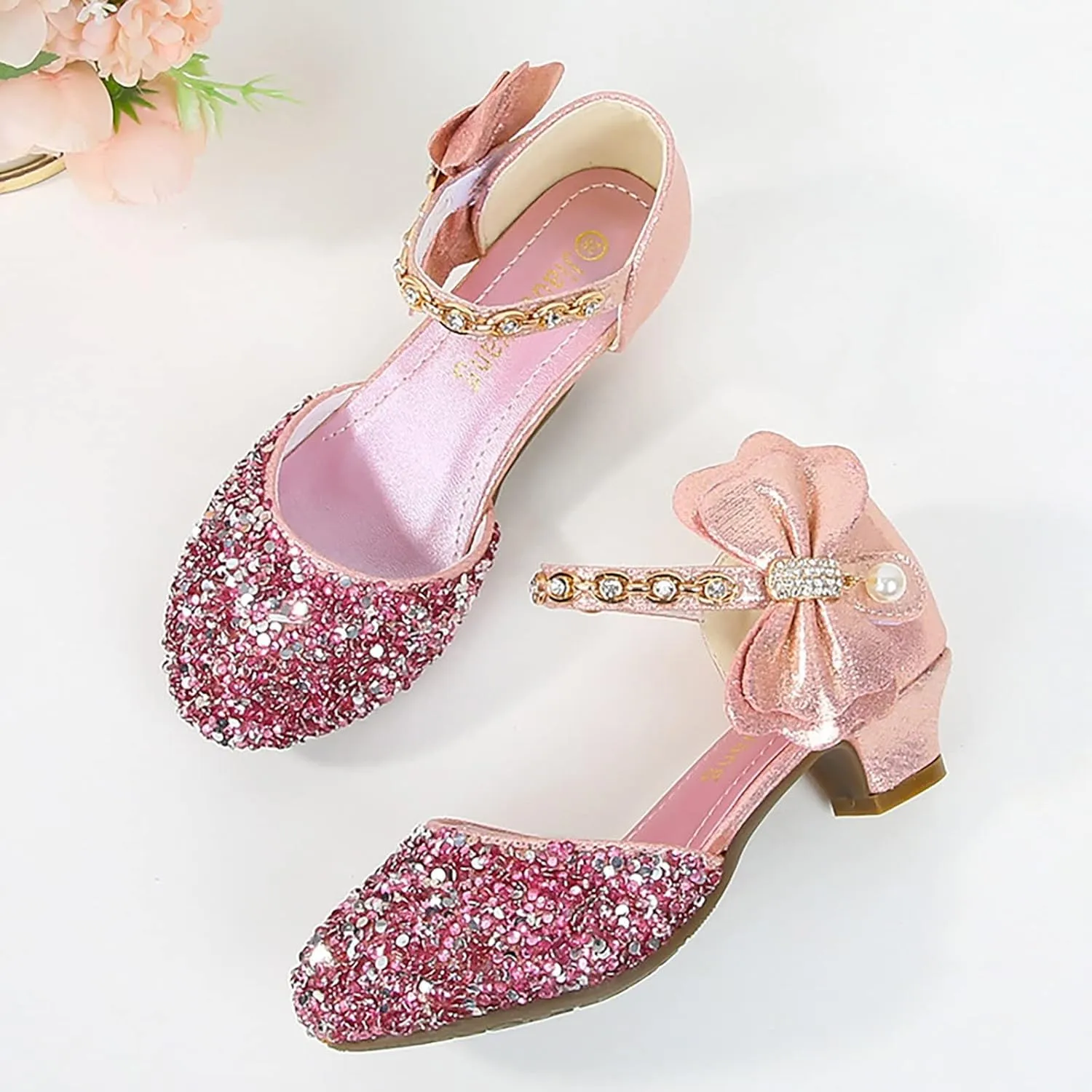 Girls Rhinestone Low Heeled Dress Shoes Glitter Sequins Party Dance Shoes Princess Closed Toe Birthday Sandals