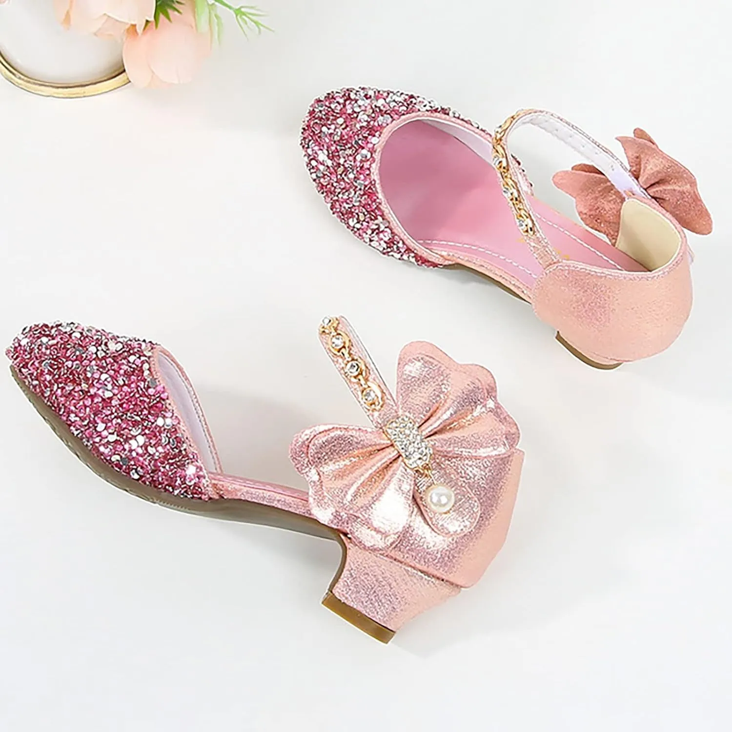 Girls Rhinestone Low Heeled Dress Shoes Glitter Sequins Party Dance Shoes Princess Closed Toe Birthday Sandals