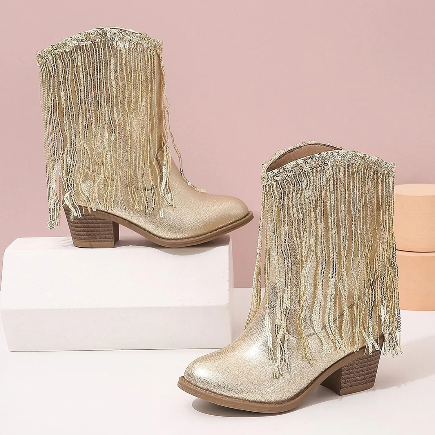 Girls Sequin Boots Winter 𝐖aterproof Flat Warm Sparkly Snow Boots Kids Cozy Western Leather Shoes For Little Kid