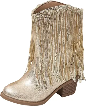 Girls Sequin Boots Winter 𝐖aterproof Flat Warm Sparkly Snow Boots Kids Cozy Western Leather Shoes For Little Kid