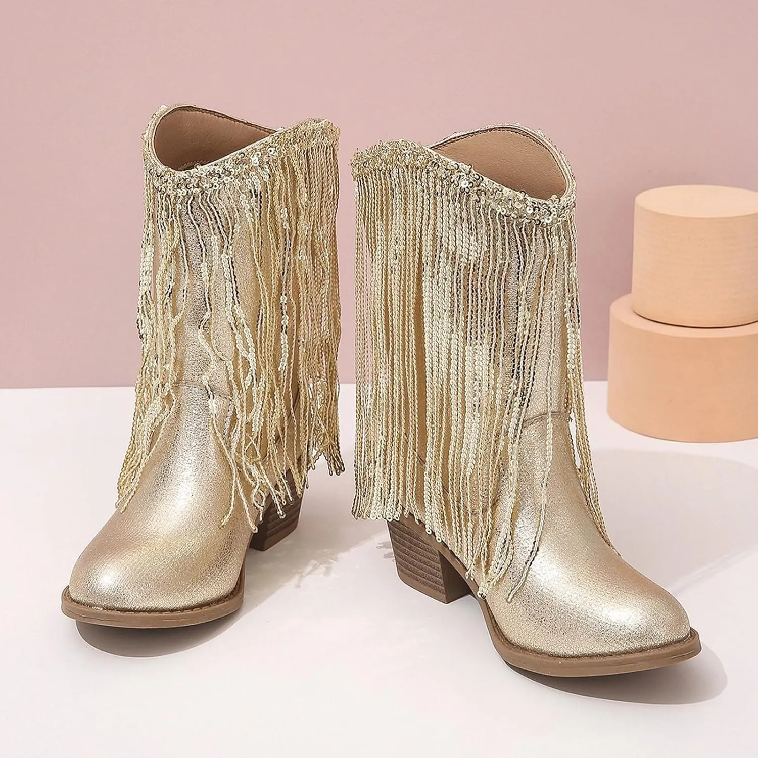 Girls Sequin Boots Winter 𝐖aterproof Flat Warm Sparkly Snow Boots Kids Cozy Western Leather Shoes For Little Kid