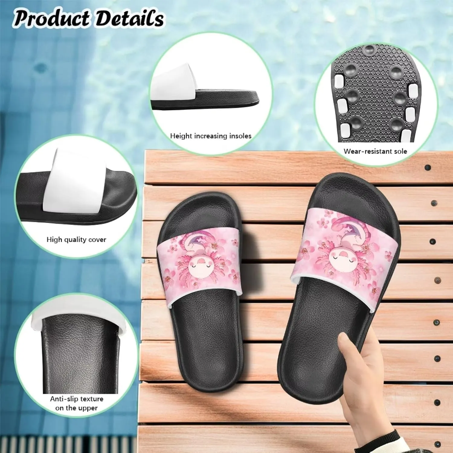 Girls Slide Sandals Axolotl Theme Summer Slippers for Kids Shower Shoes
