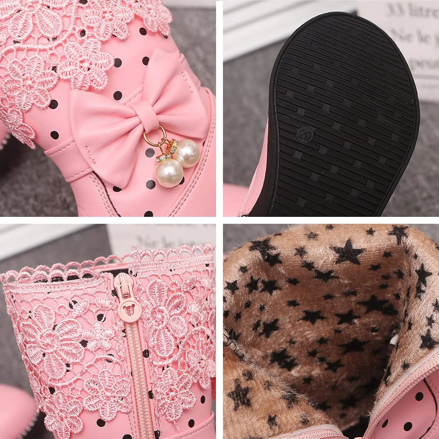 Girls Water Proof Lace Bowknot Side Zipper F𝐮r Winter Boots Kids Toddler Cute Leather Boot Ankle Sweet Flat Boots