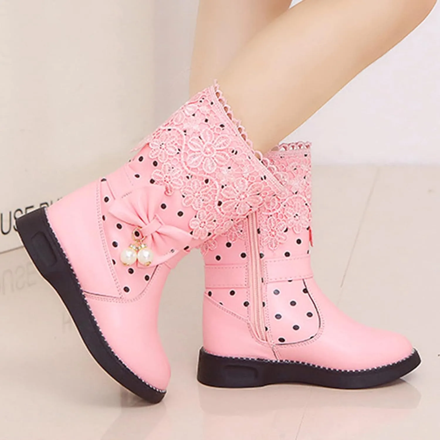 Girls Water Proof Lace Bowknot Side Zipper F𝐮r Winter Boots Kids Toddler Cute Leather Boot Ankle Sweet Flat Boots