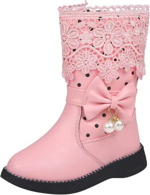Girls Water Proof Lace Bowknot Side Zipper F𝐮r Winter Boots Kids Toddler Cute Leather Boot Ankle Sweet Flat Boots