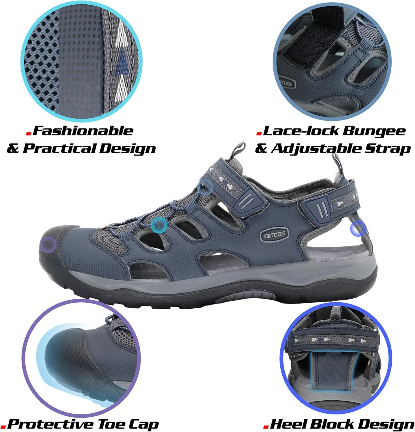 GRITION Mens Outdoor Hiking Sandals Summer Beach Closed Toe Water Sandal Waterproof Comfortable Fisherman Adventures Sport Athletic Walking Traveling Shoes Sandles