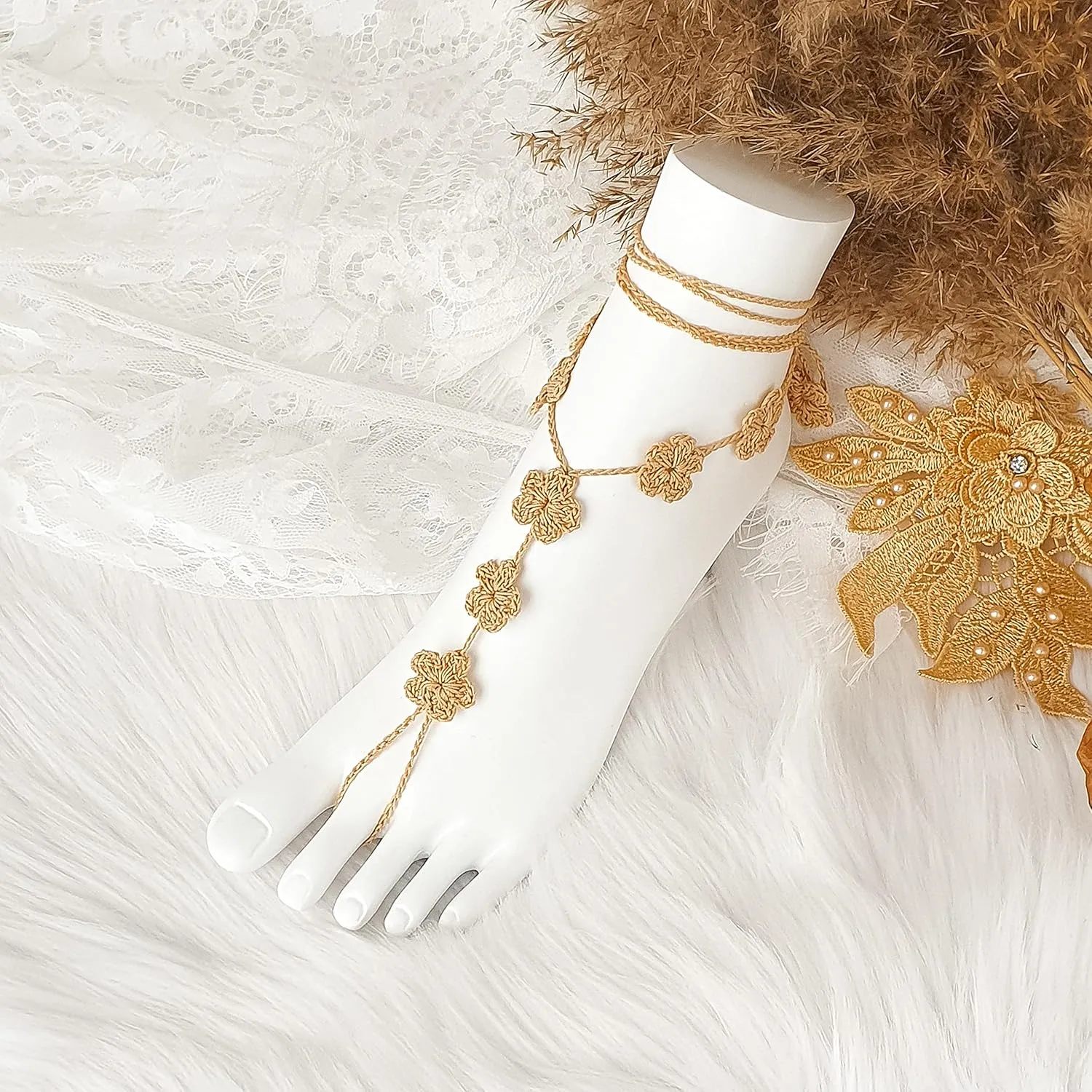 Handmade Flower Barefoot Sandals, Boho Beach Wedding Shoes, Women Foot Jewelry, Bridesmaids Gift, Crochet Lace Soleless Shoes, Beach Bridal Footwear, Adjustable One Size Foot Accesories (Gold)