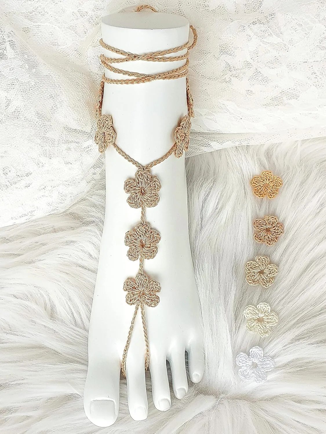 Handmade Flower Barefoot Sandals, Boho Beach Wedding Shoes, Women Foot Jewelry, Bridesmaids Gift, Crochet Lace Soleless Shoes, Beach Bridal Footwear, Adjustable One Size Foot Accesories (Gold)